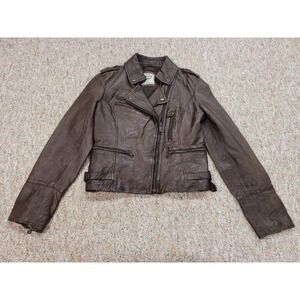 Levis Jacket Womens XS Brown Genuine Leather Full Zip Moto Biker Bomber Belted‎